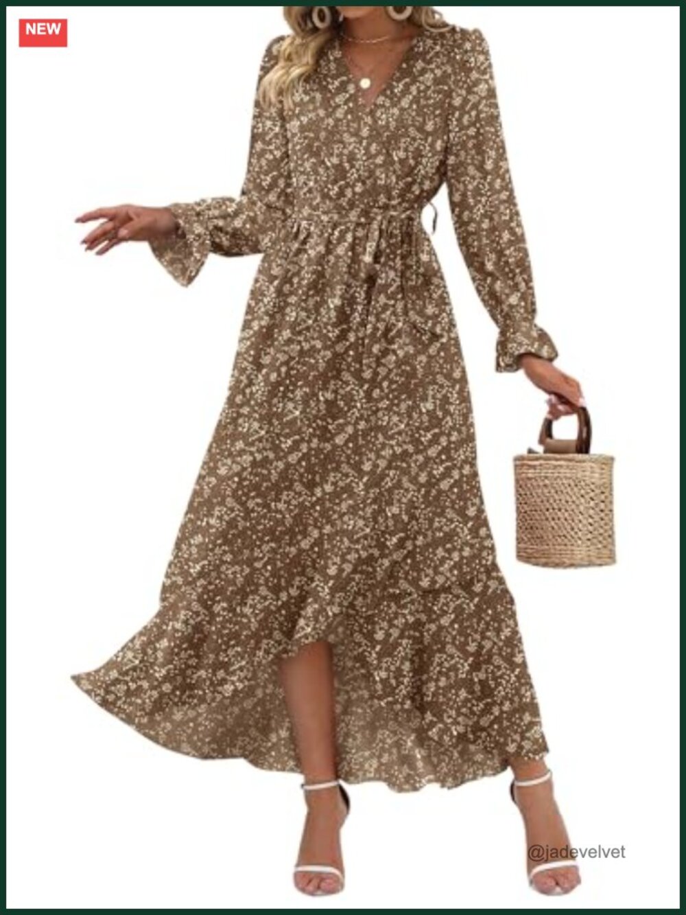 BTFBM Boho Floral Puff Long Sleeve Maxi Dress Wrap V-Neck Tie Belt Women's